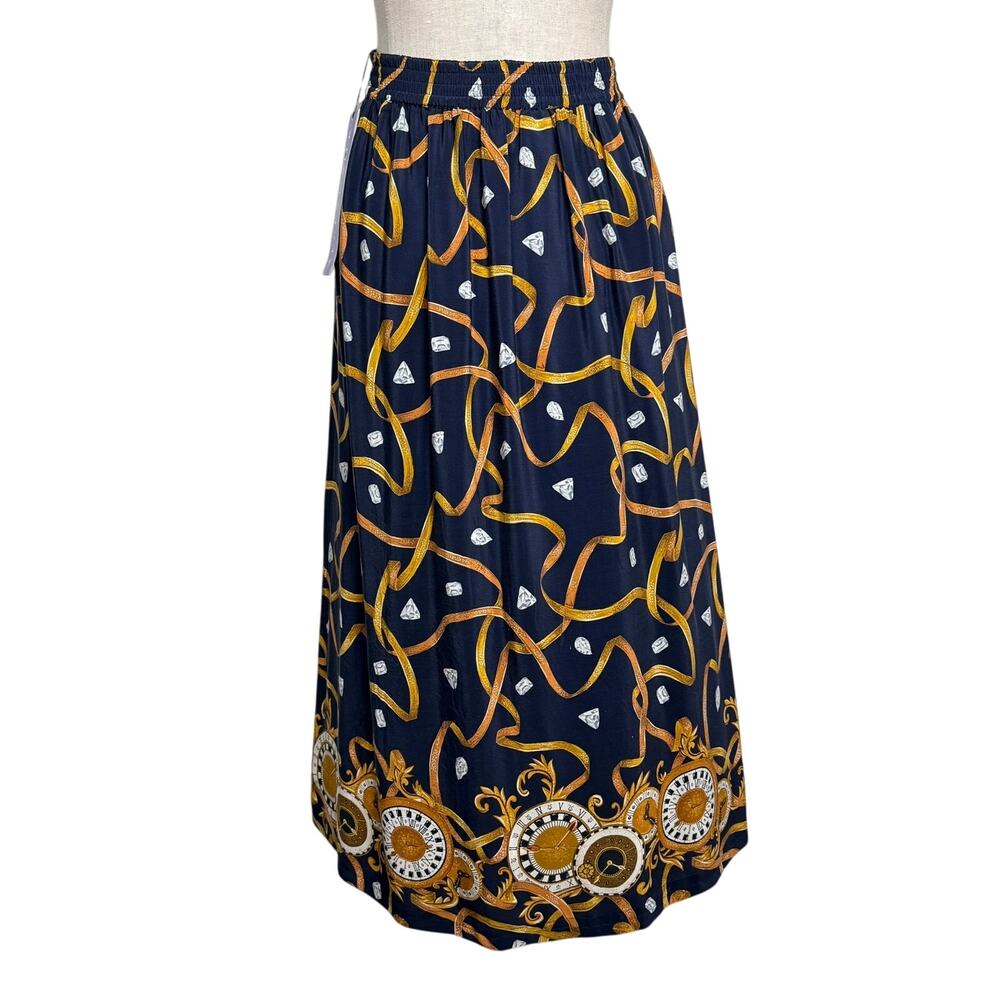 August Silk 100% Silk Heritage Print Midi Skirt Navy Gold Whimsical Pattern S